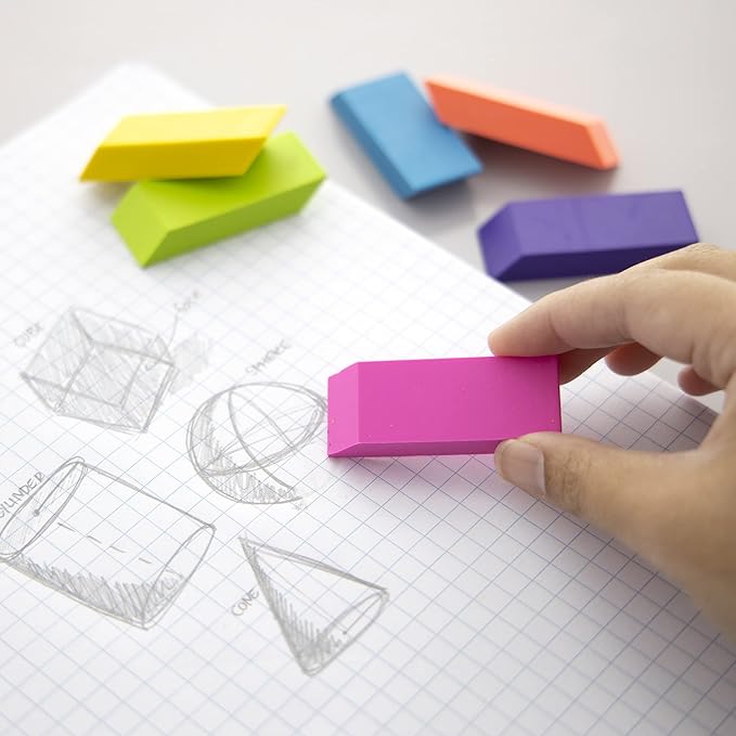 BAZIC Products Erasers + Pencil Top Erasers Set (12/Pack), Block Bevel Erasers Neon Color, Arrowhead Caps Tops, Latex Free, for Art Drawing School, 1-Pack
