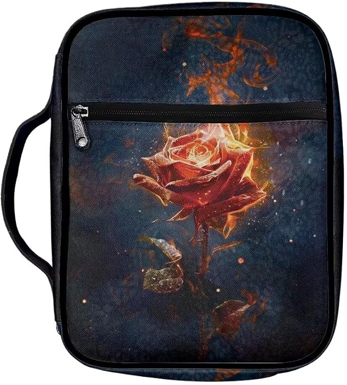 Coldinair Burning Rose Bible Cover Case for Women,Carrying Book Cover Bible Holders with Handle and Zippered Pocket,Fits for Standard/Large Size Bible