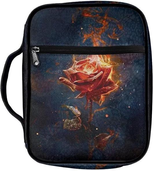 Coldinair Burning Rose Bible Cover Case for Women,Carrying Book Cover Bible Holders with Handle and Zippered Pocket,Fits for Standard/Large Size Bible