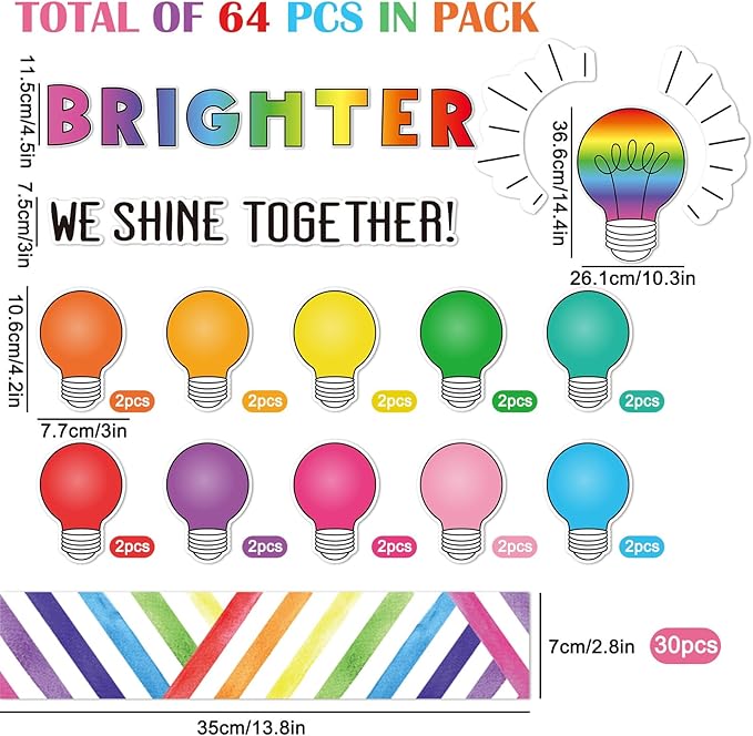 FYSUIMU 64Pcs Back to School Bulletin Board Kit Colorful Light Bulb We Shine Bright Together Paper Cutouts with 60Pcs Glue Points for First Day of School Party Classroom Wall Decor