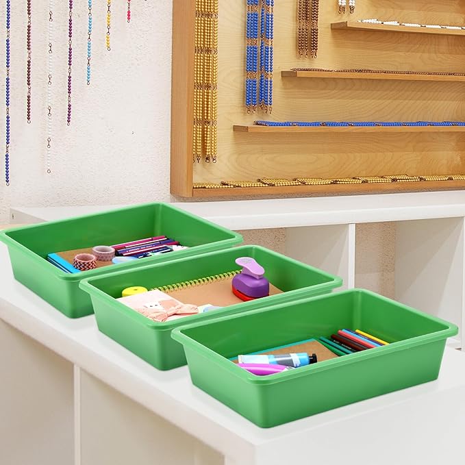 Hoteam 10 Pcs Flat Storage Organizer Tray Bin Paper Tray for Classroom Plastic Stackable File Organizer for School Office Teacher Book Organization(Green,13.78 x 9.84 x 3.15 Inch)