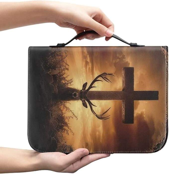 Print PU Bible Cover – Personalized Leatherette Bible Covers and Carrying Case with Handle, Men Bible Case,Deer and Cross,X-Large