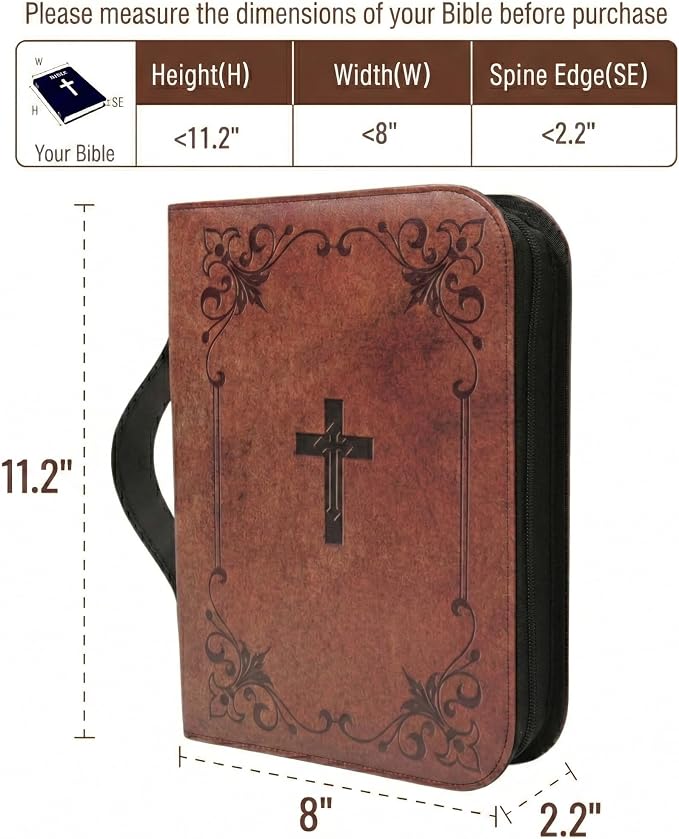 Large Bible Cover Case for Men & Women, Premium Faux Leather Bible Bag with Handle & Zipper, Christian Cross Book Carrying Case & Protector, Bible Study Supplies, Religious Gift(11.2 x 8 x 2.2 in)