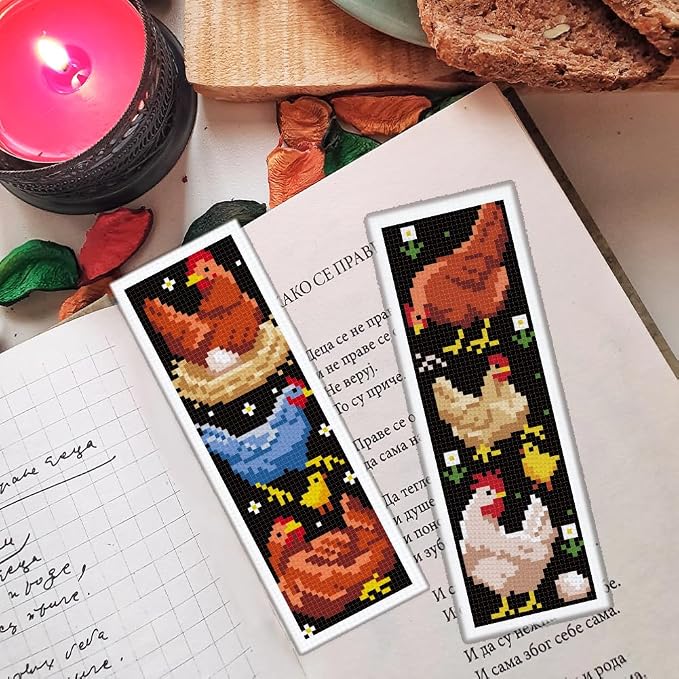 ORIGACH 6 Set Chicken Cross Stitch Bookmark Kit for Beginner with Backing Felt Floss Instructions DIY Stamped Embroidery Bookmark Kit for Adults, Book Lovers
