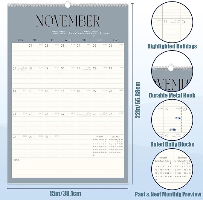 GuassLee Large Wall Calendar 2026-2027,22"x 15" Vertical Jumbo Desktop/Wall Calendar from Jun. 2026 to Dec. 2027,19-Month Hanging Planner with Julian Date for Office Home Organizing