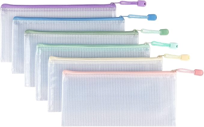 Tamaki 6 Pack Mesh Pencil Pouch Waterproof Bags Plastic Zipper Pouch A6 Size for Classroom Organization School Office Supplies (Macaroon, A6)