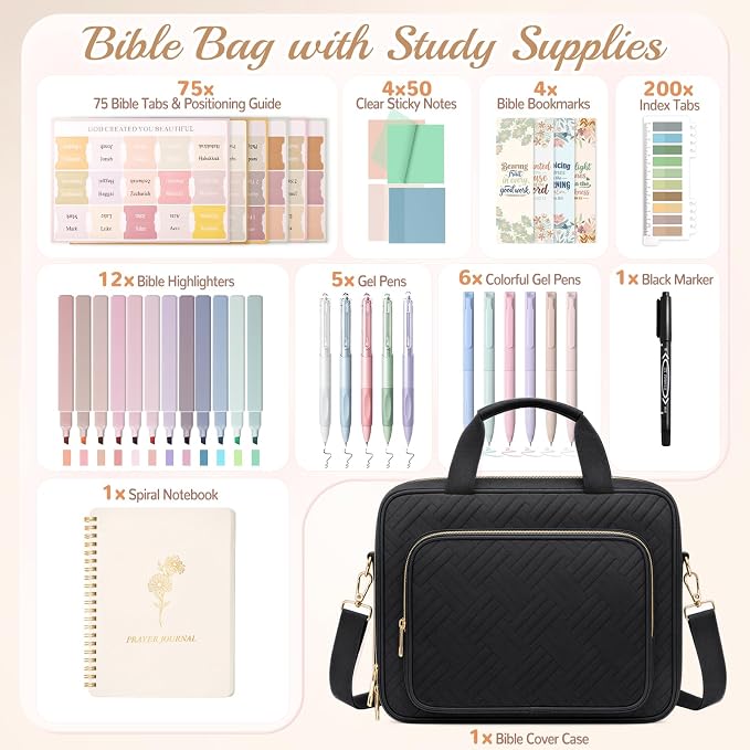 XKDOUS Bible Cover Case for Women, Quilted Large Bible Bag with Shoulder Strap, Bible Study Supplies with Highlighters, Tabs & Journaling Kit, Christian Gifts for Mom & Women (Black)