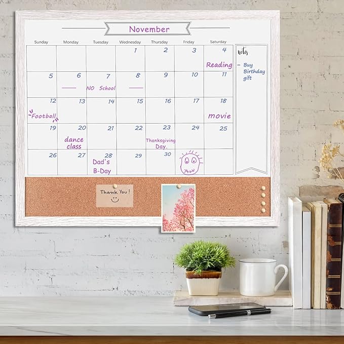 Dry Erase Calendar Whiteboard for Wall, Combination Magnetic Dry Erase White Board & Bulletin Board, 23.6" x 31.5" Wood Framed Calendar/Cork Combo Board(WH-6080)