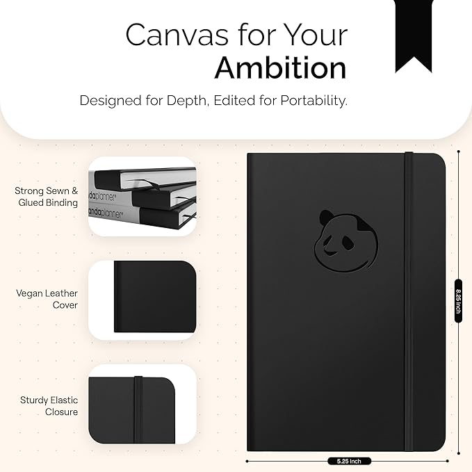 Panda Planner Classic A5 Daily Planner 2026 - Undated Quarterly & Productivity Planner with Hourly Schedule, To Do List, Daily Journal, Goal Planner, Habit Tracker & Gratitude Organizer – Black