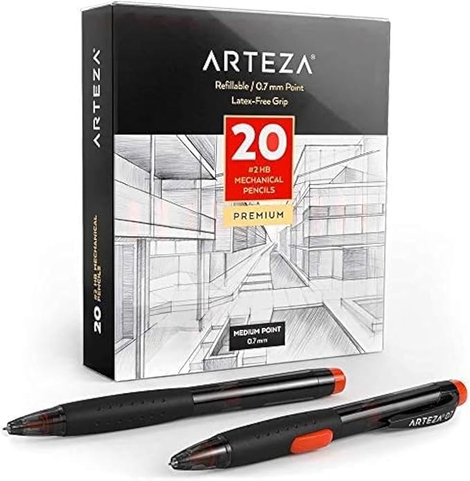 ARTEZA HB Mechanical Pencil Pack of 20, 0.7 Millimeter Medium Point Lead and Replaceable Eraser, Latex-Free Grip, Office and School Supplies