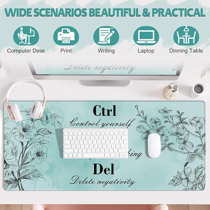 Desk Mat for Keyboard and Mouse, Large Mouse Pad for Desk, Non-Slip Keyboard Pad, Computer Mats for Desktop, Cute Pad with Stitched Edges for Office, Gaming I Mint Green Ctrl Alt Del