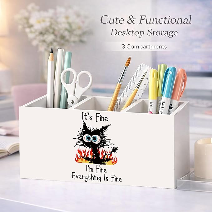 Funny Cat Pen Holder, Inch Desk Organizer, “It’s Fine, I’m Fine” Cat Illustration, Cute Desk Storage for Pens, Pencils, Scissors – Unique Gift for Cat Lovers, Teens, Students