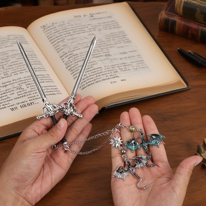 2 Pcs Fourth Wing Bookmark, Tassel Metal Pendant Dragon Sword Bookmarks for Reading Page Markers