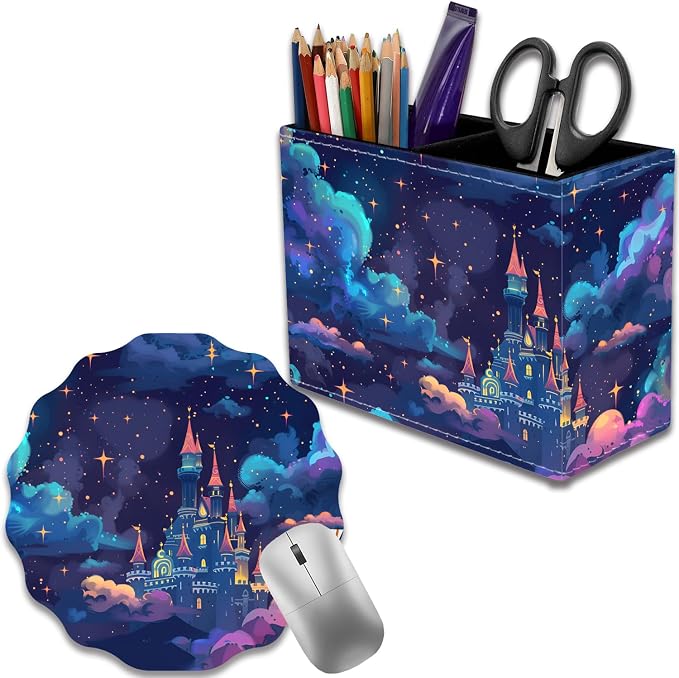 Pen Holder for Desk, PU Leather Multifunctional Desktop Storage Box and Anti-Slip Mouse Pad Set, Makeup Brush Holder Pen Organizer for Office and Home - Astral Cloud Castle