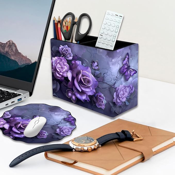 Pen Holder and Anti-Slip Mouse Pad Combination, Makeup Brush Storage Box, Tableware Storage Box, Suitable for Office and Home - Purple Rose