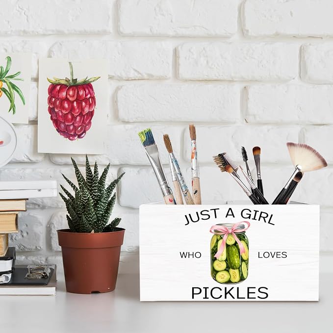 Coquette Pink Bow Pickle Pen Holder for Desk, Pickle Lovers Themed Gifts Pencil Organizer, Just a Girl Who Loves Pickles Wooden Box Sign Desk Decor for Home Office Decoration