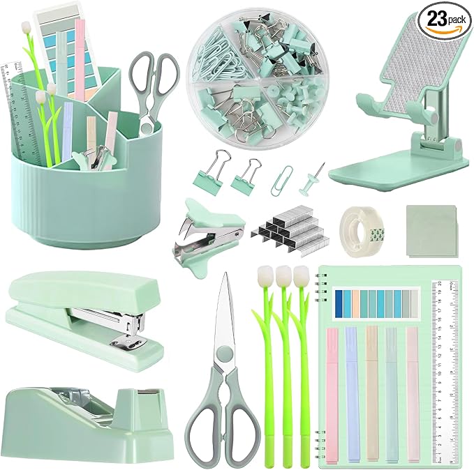 Sage Green Desk Accessories Office Supplies Set, Pen Holder, Stapler, Tape Dispenser, Notebook, Scissor, Sticky Notes, Binder Clips, Desk Organizers (Green)