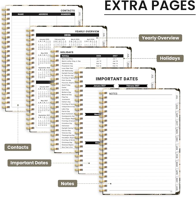 Planner 2026–2027, Academic Planner Weekly and Monthly Calendar Jul 2026 – Jun 2027 Hardcover Planner with Tabs and Pocket, Spiral Bound Agenda Book for Student & Teacher, 8.5" x 11", Wild Rose