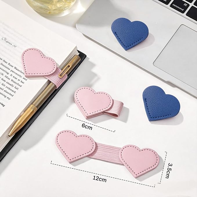 4 PCS Magnetic Leather Bookmarks with Pen Holder Gift Box, Heart-Shaped Magnetic Book Marks, Bookmark Magnetic, Magnetic Page Markers for Book Lovers, Teachers, Students, (Pink+Blue)