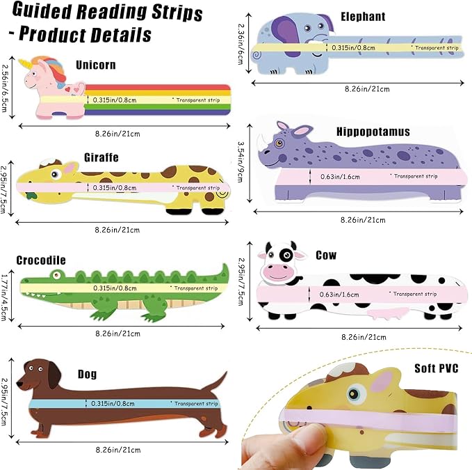 7Pcs Animal Guided Reading Strips, Colored Overlay Reading Trackers, Dyslexia Reading Aid Bookmark for Kids Students Classroom Homeschool Teacher Learning Supplies