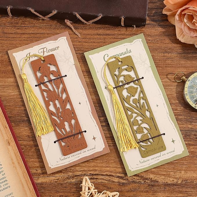 icceemee 2pcs Wooden Bookmarks with Iris & Bluebell Floral Design - Nature Themed Book Markers for Women, Men, Readers - Unique Gift for Book Lovers