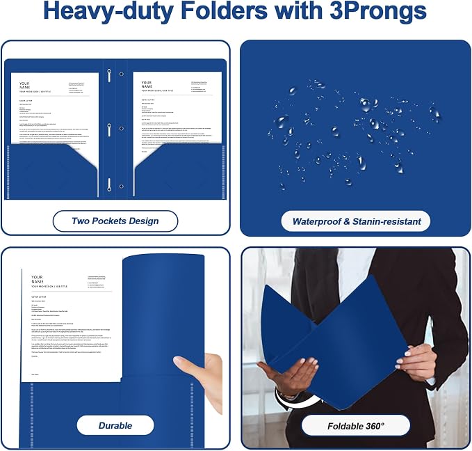 Two Pocket Folders with Prongs, LAYZZ 60 Pack Poly Plastic Folders, Heavy Duty Plastic Folders with Pockets and Prongs, Letter Size, for Offices and Schools (Blue)