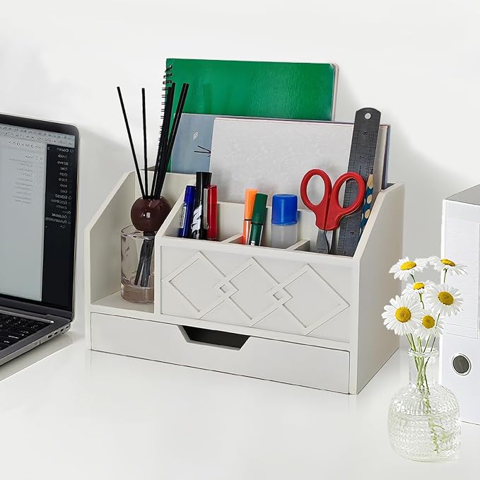 White Wooden Mail Organizer with Drawer, Three Tiered Desk Accessories for Office Organization and Storage, Stylish Countertop Document Storage, Home/Office/Classroom Supplies (White02)