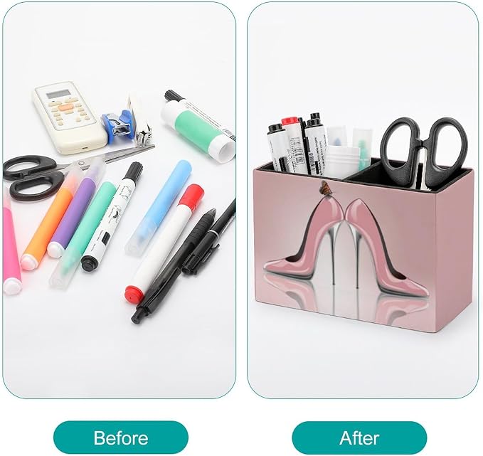Pen Holder, Pencil Holder for Desk Organizer, Pink High Heel Shoes Butterfly PU Leather Pencil Cups Desktop Stationery Storage Makeup Brush Holder Pen Organizer for Office Home