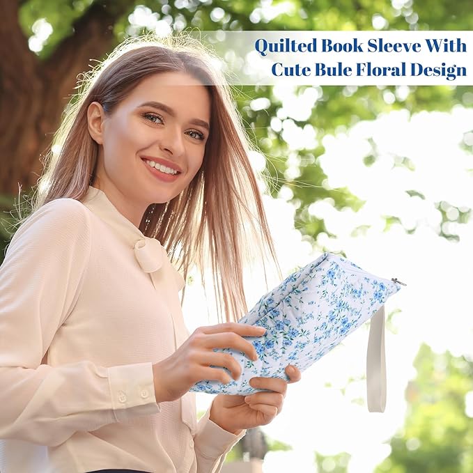 Gilprop Blue Floral Bible Book Sleeve with Zipper 11" x 9" Padded Protector Washable Quilted Book Covers Printed Bible Pouch with Handle Pockets Protector for Books Lover Mother's Day Christian Gifts