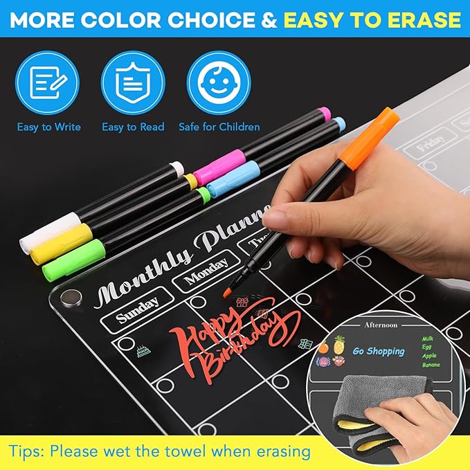 MIKEDE Magnetic Calendar for Refrigerator, 4 Pack Strong Magnets Dry Erase Board Set, 6 Colorful Markers, Acrylic Calendar for Fridge Family Planning Whiteboard Wall, Magnet Pen Holder