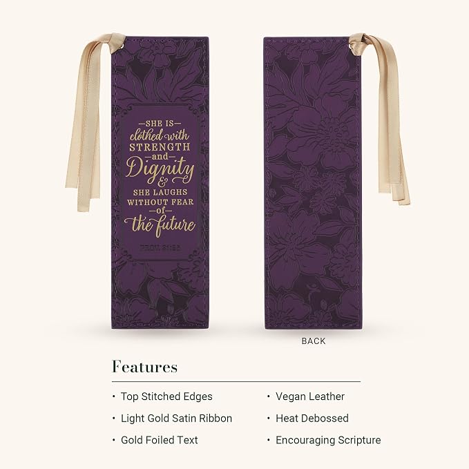 Christian Art Gifts Premium Vegan Leather Inspirational Scripture Bookmark for Women: Strength & Dignity Encouraging Bible Verse, Heat-Debossed Florals, Satin Ribbon for Books & Bibles, Purple & Gold
