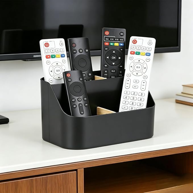 Remote Control Holder, Plastic Desk Organizer with Bamboo Dividers, 4-Compartment Remote Caddy for TV Media Phone Pen Storage, Tabletop Organizer for Coffee Table, Nightstand, Office, Black