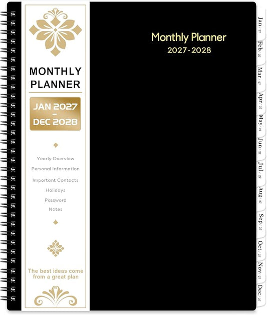 2027-2028 Monthly Planner - 2 Year Planner 2027-2028, JAN 2027 - DEC 2028, 9" x 11", 2 Year Calendar 27-28 Monthly Planner with Tabs, Pocket, Label, Contacts - Black