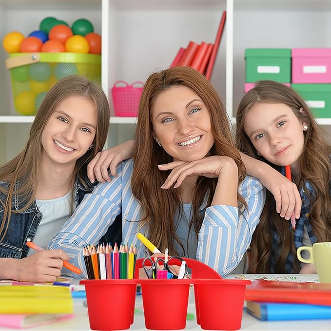 NINU 6 Pack Classroom Caddy Organizer with Handle, Plastic Drink Cup Caddy Holder, 6 Compartments for Kids, Table, Office, Arts, Crafts, Crayon, Marker, Pencil, School Supplies - 6Colors