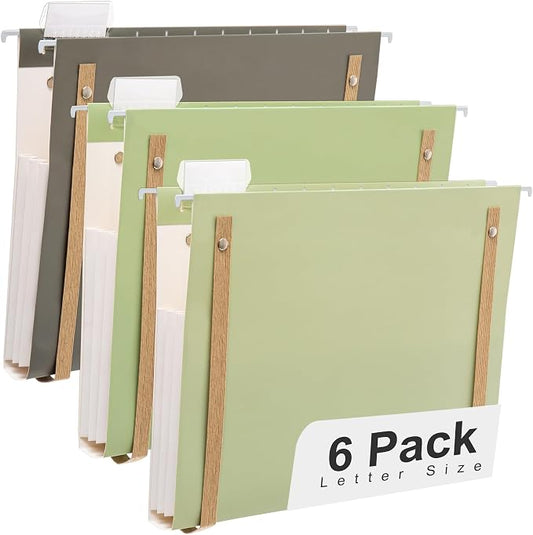 Y YOMA 6 Pack Extra Capacity Hanging File Folders with Handle Letter Size Accordion Decorative Reinforced File Folder Cute Colored Expandable Portable Folder with 1/5-Cut Adjustable Tabs, Leaf Green