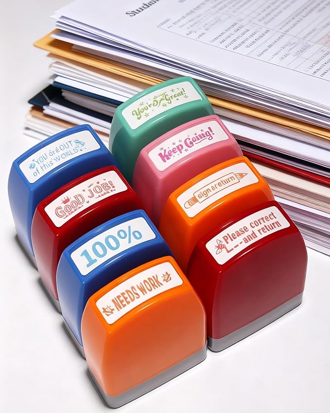 Teacher Stamps for Grading 8-Pack Self-Inking Teacher Stamp School Stamp for Homework Reward Grade Papers Motivate Students