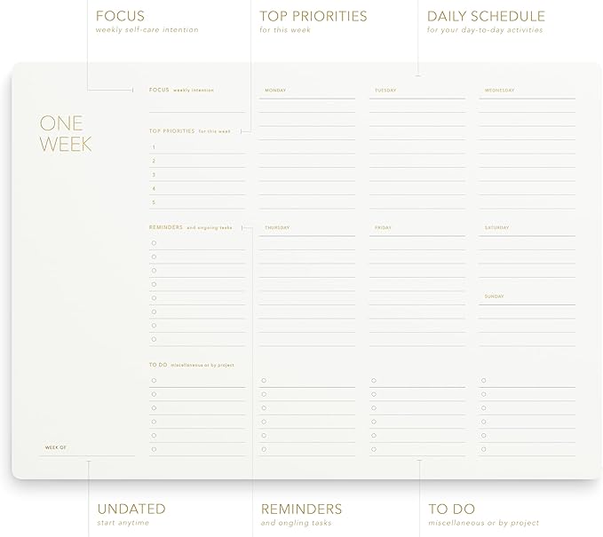 Pinesman - One Week - Elegant Undated Weekly Desk Planner, Gold Foiled, A4, Minimalist Weekly To Do List Notepad, Daily Schedule, Work Week Planner Pad, Eco-friendly, FSC™ Certified
