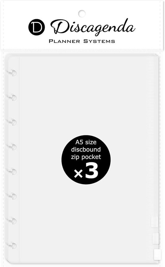 Discagenda Clear Zip Pocket Pouch A5 (5.8x8.3in) Size, 3 Pack for Discbound Planner Personal Organizer