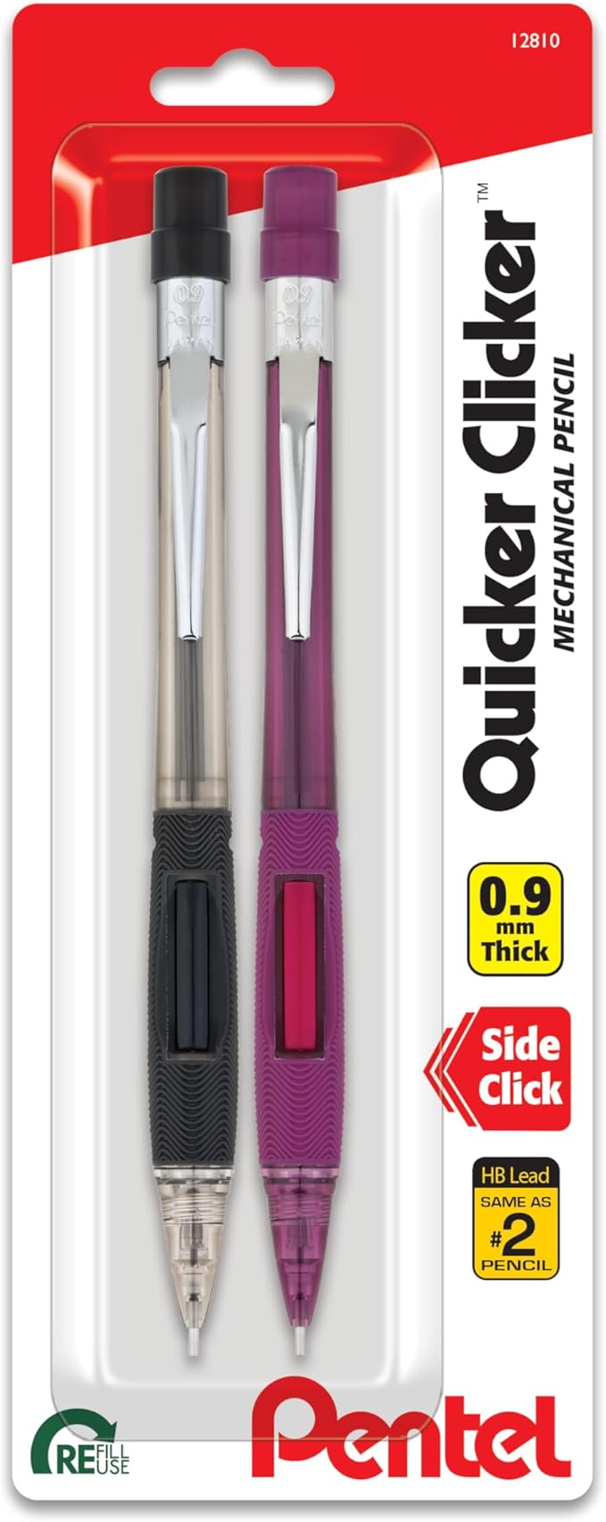Pentel Quicker Clicker Automatic Pencil, 0.9mm, Assorted Barrel Colors, Color May Vary, 2 Pack (PD349BP2-K6), red