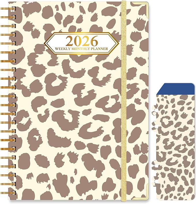 2026 Planner, Jan.2026 - Dec.2026 Planner Weekly and Monthly 6.25"x8.5" with Page Tabs, Calendar Hardcover with Inner Pocket, Elastic Band, Twin-Wire Binding, Bookmark, Brown Leopard