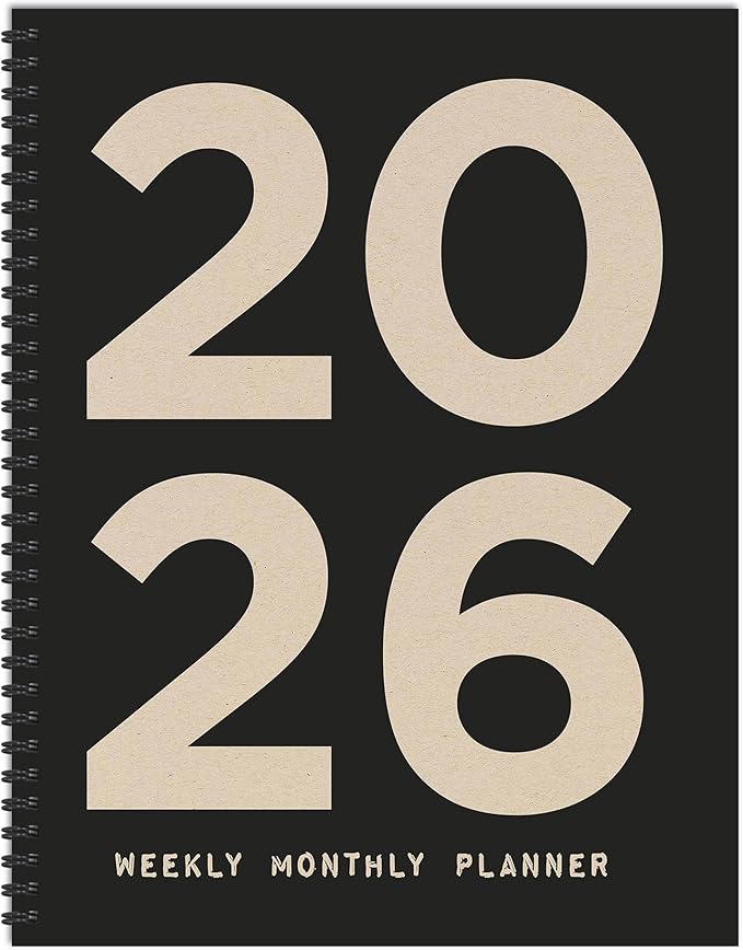 TF Publishing 2026 Burnt Black Large Weekly Monthly Planner with 12-Month Calendar Grid, Goals and Task Trackers, Priority List Section and Stickers - Large Planner for School or Work - 9in x 11in