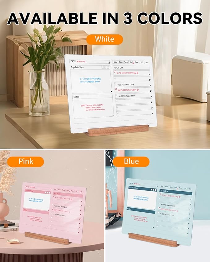 Acrylic Dry Erase to-Do List Board with Solid Wood Base, 9x13 Desktop Whiteboard Planner, Task Organizer for Office/Home/School, Includes 3 Dry Erase Markers (Pink)