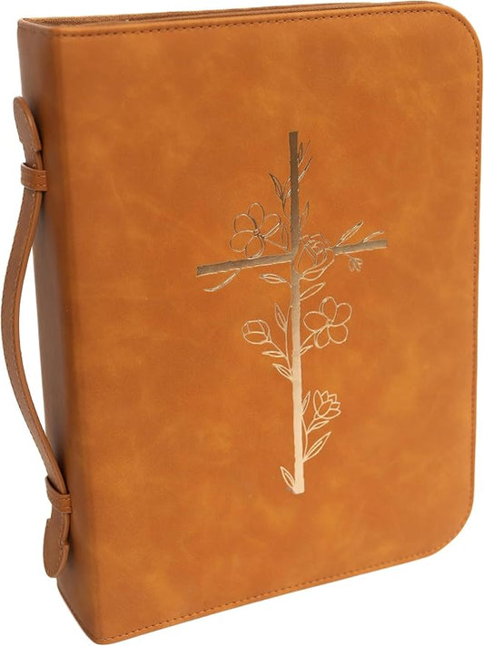Bible Cover Case for Women – PU Leather Large Bible Case with Minimalist Debossed Design – Christian Bible Accessories for Girls & Women (Brown/Gold)
