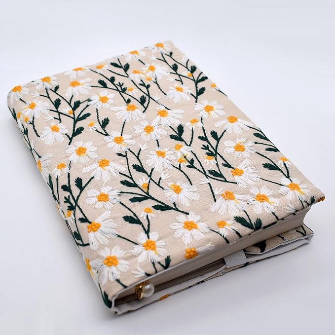 BLBMH 10x7 Book Cover | Handmade Non-Stretch Fabric Bible Cover with Bookmark | Washable Large Hardcover Paperback Protector | Privacy Reading Gift for Women - Daisy 2