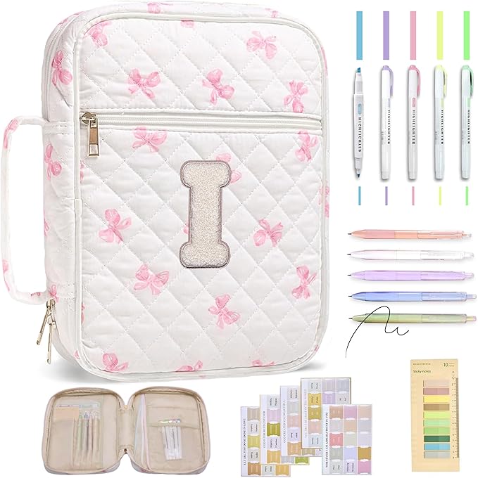 Personalized Initial Bible Cover Case for Women – Large Quilted Bible Bag with Handle, Chenille Letter, Bible Study Kit, Christian Gift for Mom, Grandma & Daughter (Pink Bow-I)