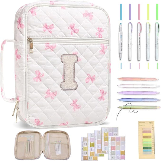 Personalized Initial Bible Cover Case for Women – Large Quilted Bible Bag with Handle, Chenille Letter, Bible Study Kit, Christian Gift for Mom, Grandma & Daughter (Pink Bow-I)