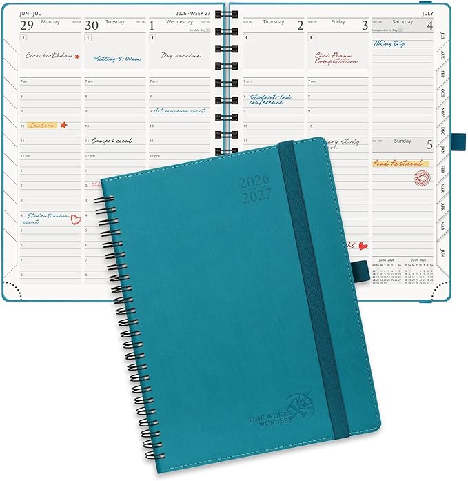 POPRUN Planner 2026-2027 (Medium - 6.5'' x 8.5'') Academic Weekly Calendar (July 2026 - June 2027) with Hourly Time Slots, Monthly Tabs, 100GSM Thick Papers, Spiral Leather Cover - Pacific Green