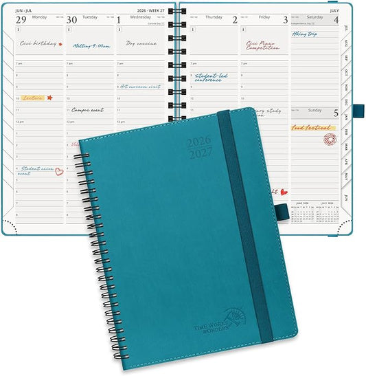 POPRUN Planner 2026-2027 (Medium - 6.5'' x 8.5'') Academic Weekly Calendar (July 2026 - June 2027) with Hourly Time Slots, Monthly Tabs, 100GSM Thick Papers, Spiral Leather Cover - Pacific Green