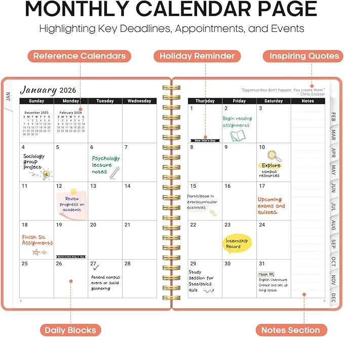 2026 Planner, Weekly and Monthly Calender Planner, Jan 2026 to Dec 2026, Hardcover 2026 Calendar Book with Tabs & Inner Pocket, Office Home School Supplies for Women & Men - A5 (6.3" x 8.5"), Coral