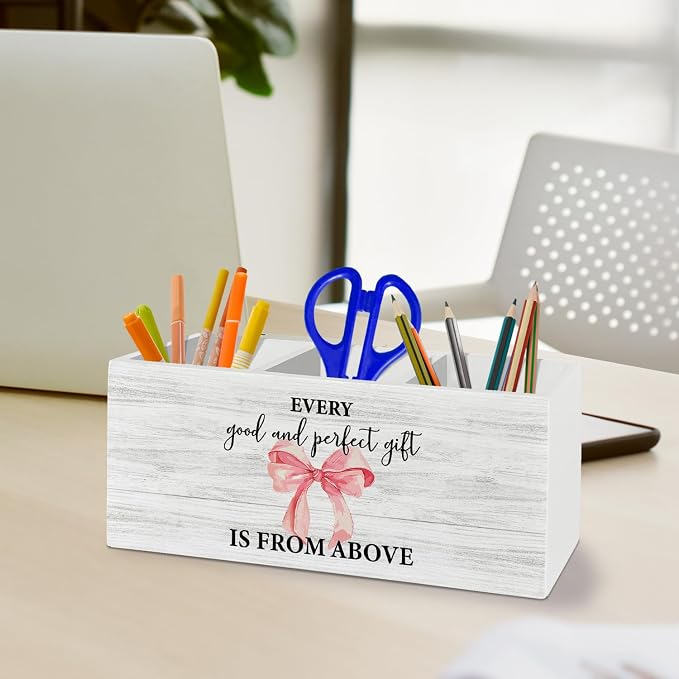 Pink Coquette Bow Christian Pen Pencil Holder Organizer for Desk Accessories, Preppy Bible Verse Wooden Box Sign Desk Decor for Girly Room Bedroom Dorm Decoration, Christian Gifts for Women